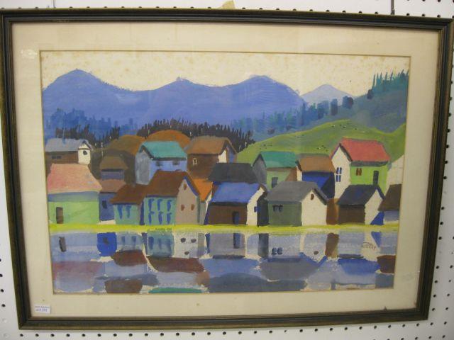 Appraisal: Joel Morphy Watercolor Village along a lake X image area