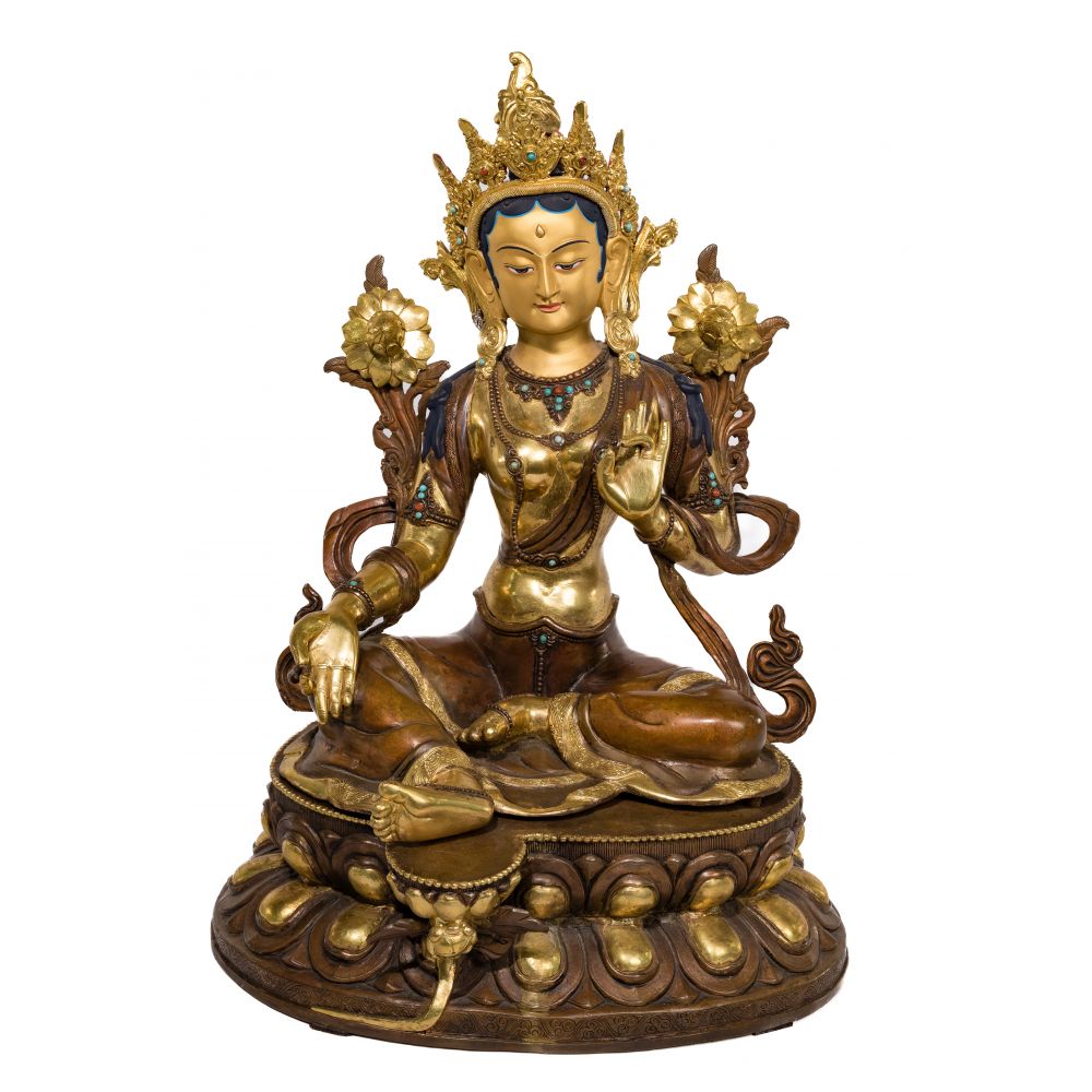 Appraisal: TIBETAN STYLE GREEN TARA GILT BRONZE SCULPTUREShown crowned seated upon