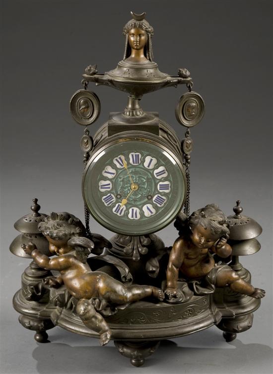 Appraisal: French bronze cherub clock Late th early th century Having