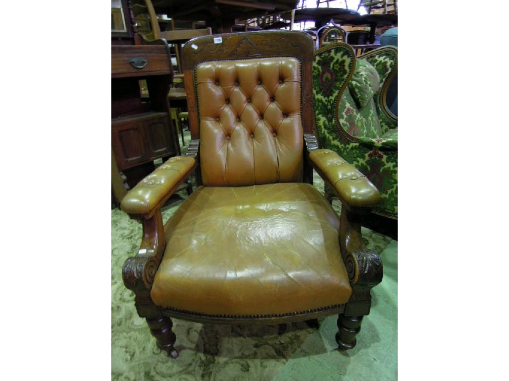 Appraisal: A Victorian drawing room chair with tan leather upholstered seat