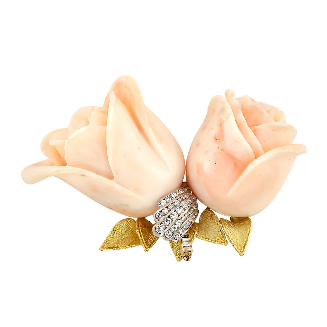 Appraisal: Gold Carved Angel Skin Coral and Diamond Flower Brooch carved