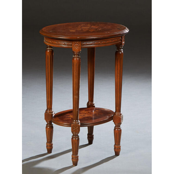 Appraisal: French Louis XVI Style Marquetry Inlaid Carved Cherry Lamp Table