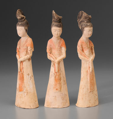 Appraisal: Three Pottery Figures Chinese Tang Dynasty AD -AD ladies with