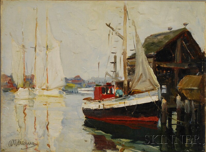 Appraisal: Anthony Thieme American - Moored Schooners with Fishing Boat at