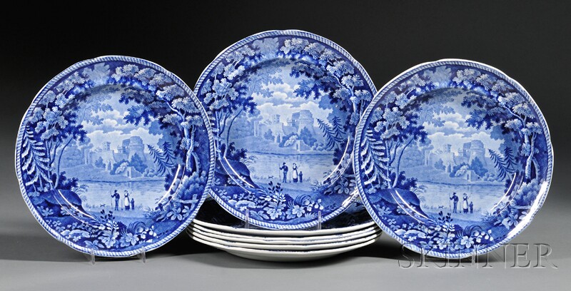 Appraisal: Eight Blue Transfer-decorated Staffordshire Pottery Dinner Plates England early th