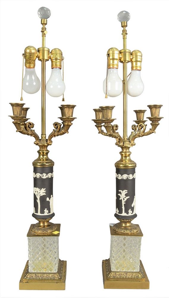 Appraisal: Pair of Candelabra Table Lamps having black Wedgwood shafts and