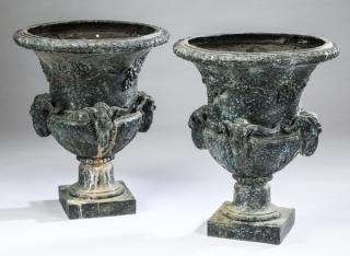 Appraisal: Continental bronze garden urns w rams Pair of Continental bronze