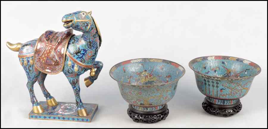 Appraisal: PAIR OF CLOISONNE BOWLS ON STANDS Together with a Cloisonne