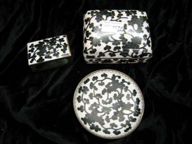 Appraisal: Chinese Cloisonne Smoking Set box ashtray match safe deco black