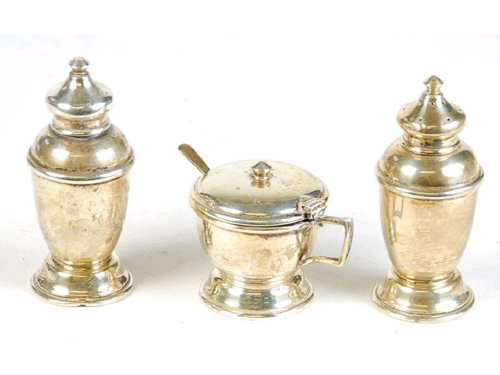 Appraisal: PLAIN SILVER THREE PIECE CONDIMENT SET by John Round circular