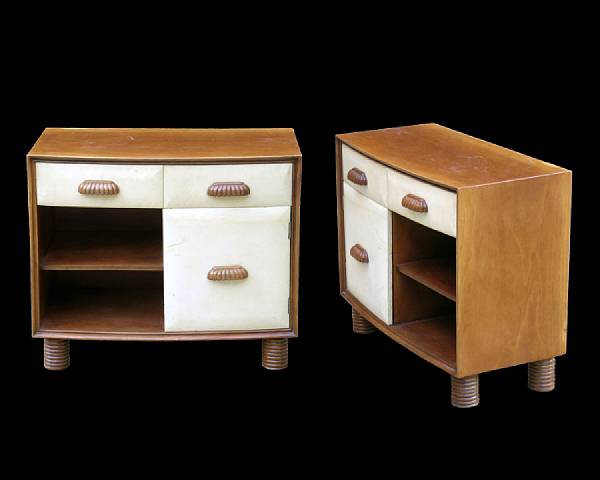 Appraisal: A pair of Italian parchment clad cherry wood bedside cabinets