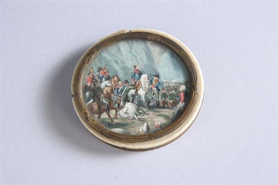 Appraisal: FRENCH BRONZE-MOUNTED AND PAINTED IVORY SNUFF BOX COVER th century