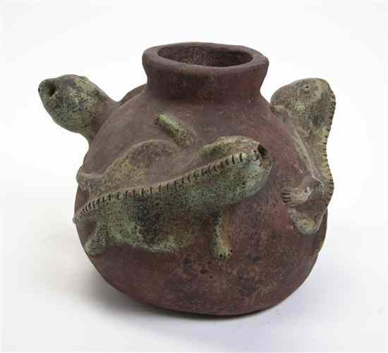 Appraisal: A Pre-Columbian Style Pottery Vase having three applied chameleons Height