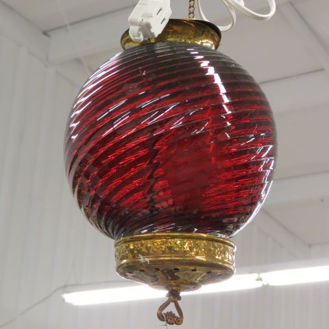 Appraisal: Victorian Cranberry Glass Hanging Light swirl design brass fixture electrified