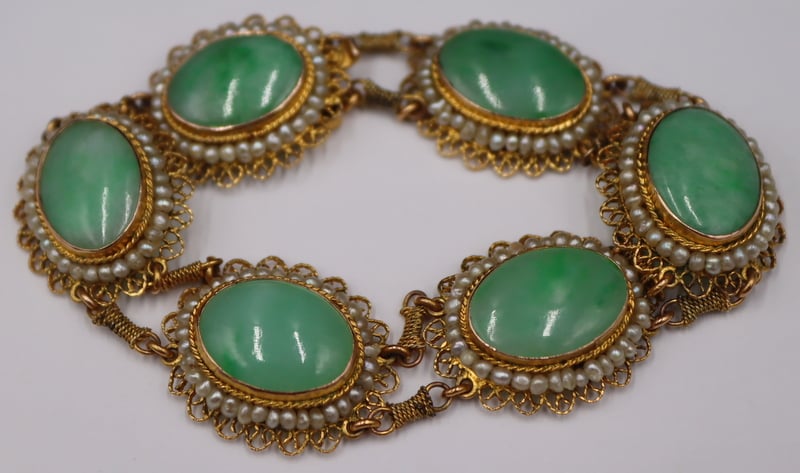 Appraisal: JEWELRY KT GOLD JADE AND SEED PEARL BRACELET Signed kt