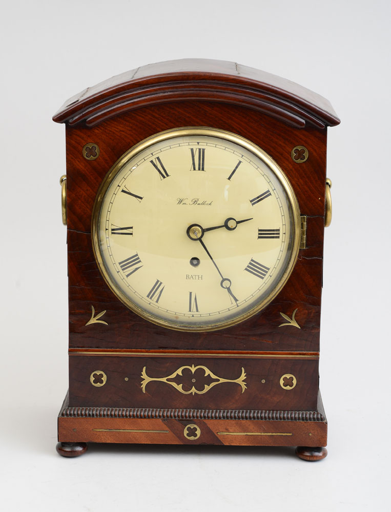 Appraisal: REGENCY BRASS-INLAID MAHOGANY MANTLE CLOCK the six and three quarter