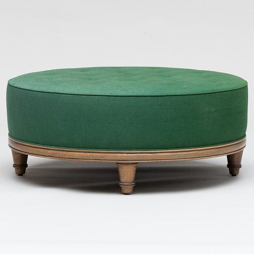 Appraisal: LARGE CONTEMPORARY GREEN TUFTED LINEN AND OAK OTTOMAN DESIGNED BY