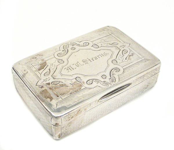 Appraisal: A sterling snuff boxWood amp Hughes New York NYCirca Engraved