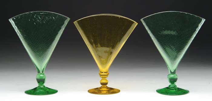 Appraisal: THREE FAN VASES Steuben Bristol yellow fan vase with applied