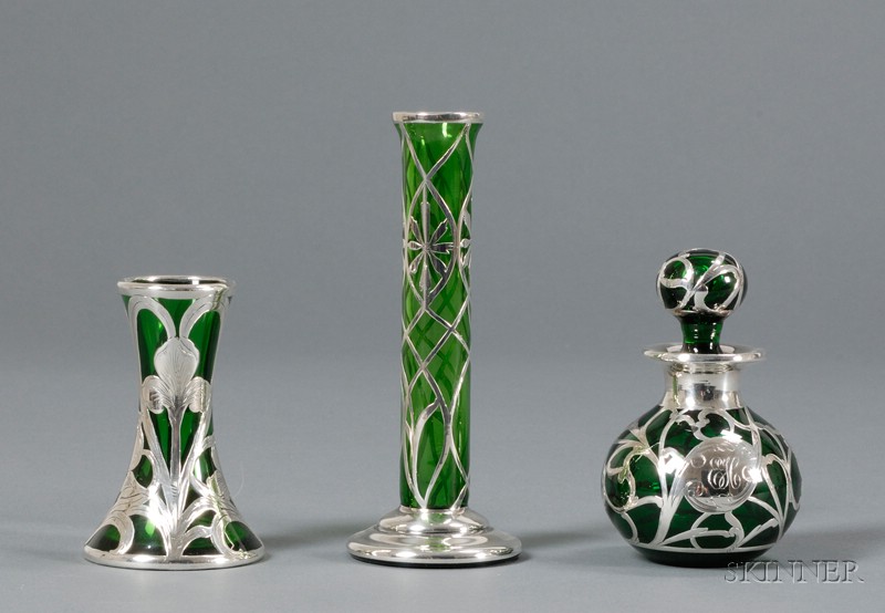 Appraisal: Two Silver Overlay Vases and a Cologne Green glass and