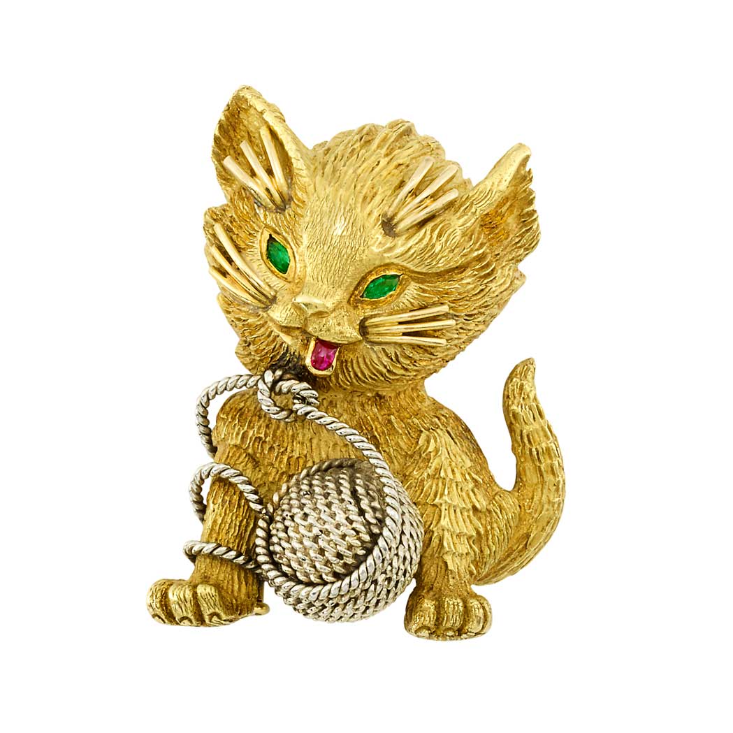 Appraisal: Two-Color Gold and Gem-Set Cat Clip-Brooch Tiffany Co France kt