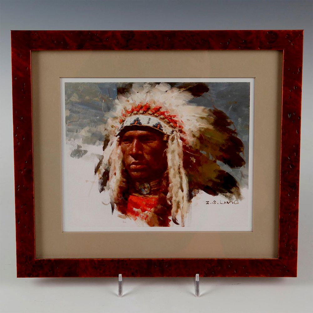 Appraisal: Z S LIANG NATIVE AMERICAN OGLALA WARRIOR GICLEE PRINT Wooden