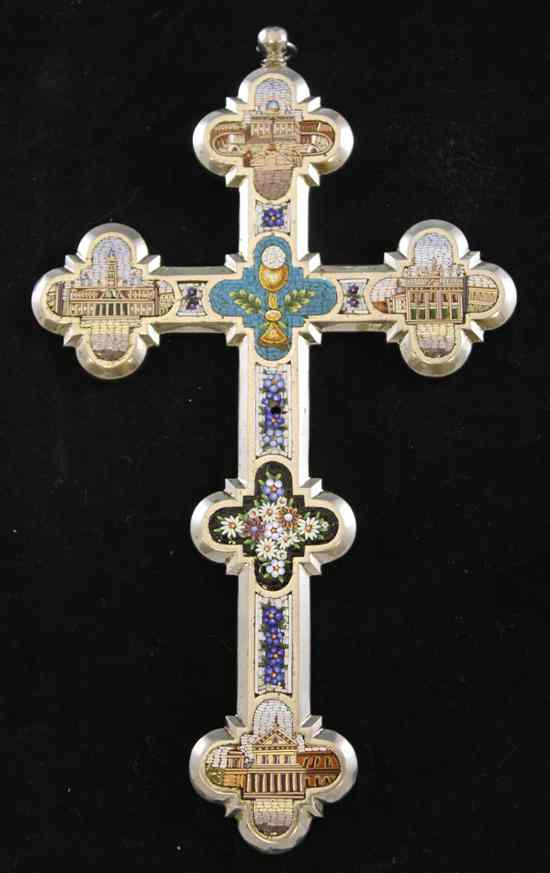 Appraisal: An Italian micro-mosaic mounted plated cross decorated with views of