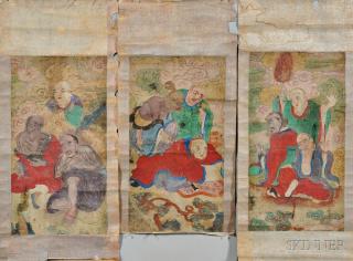 Appraisal: Three Buddhist Painting Scrolls China depicting three Buddhist Arhat monks