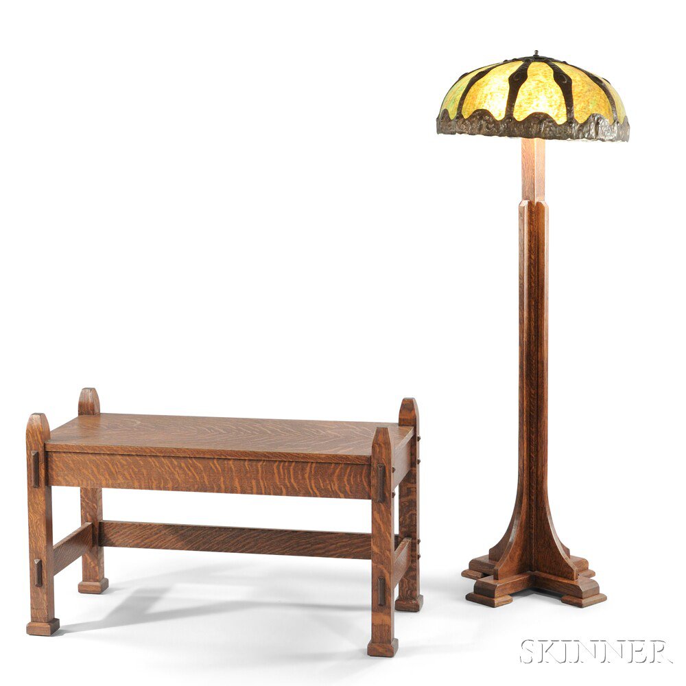 Appraisal: Arts Crafts-style Floor Lamp and a Window Bench Oak slag