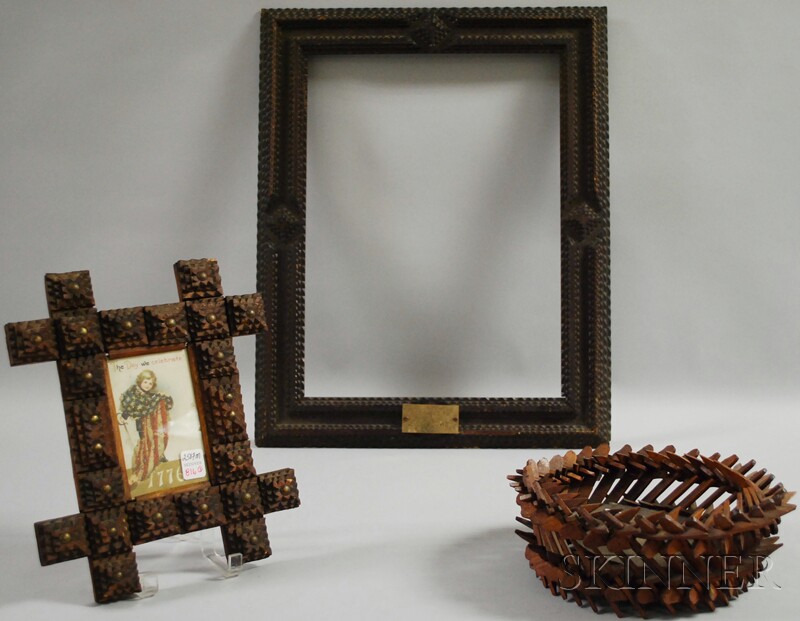 Appraisal: Tramp Art Wood Crown of Thorns Basket and Two Notch-carved