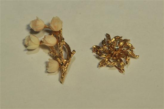 Appraisal: TWO BROOCHES Marked '' K'' inside an acorn floral brooch