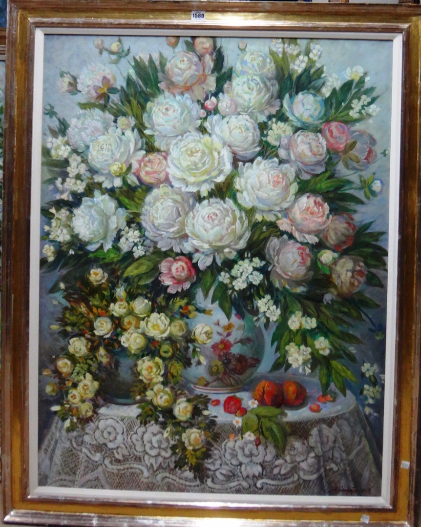 Appraisal: U CoigaTehkoB late th century Still life of flowers oil