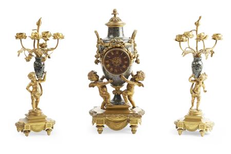 Appraisal: LOUIS XV STYLE GILT BROZE AND MARBLE CLOCK GARNITURE LATE