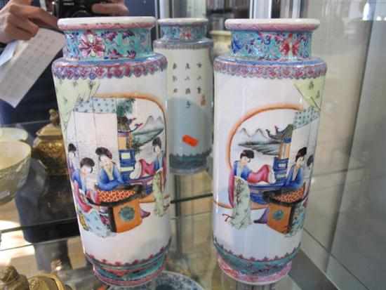 Appraisal: PAIR OF CHINESE FAMILLE ROSE CYCLINDICAL VASES