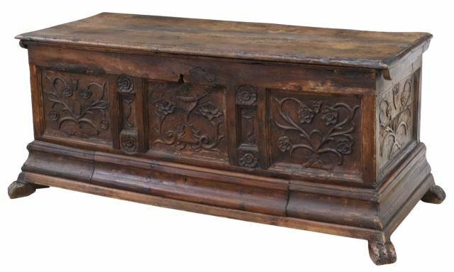 Appraisal: French carved walnut coffer storage chest th c with later