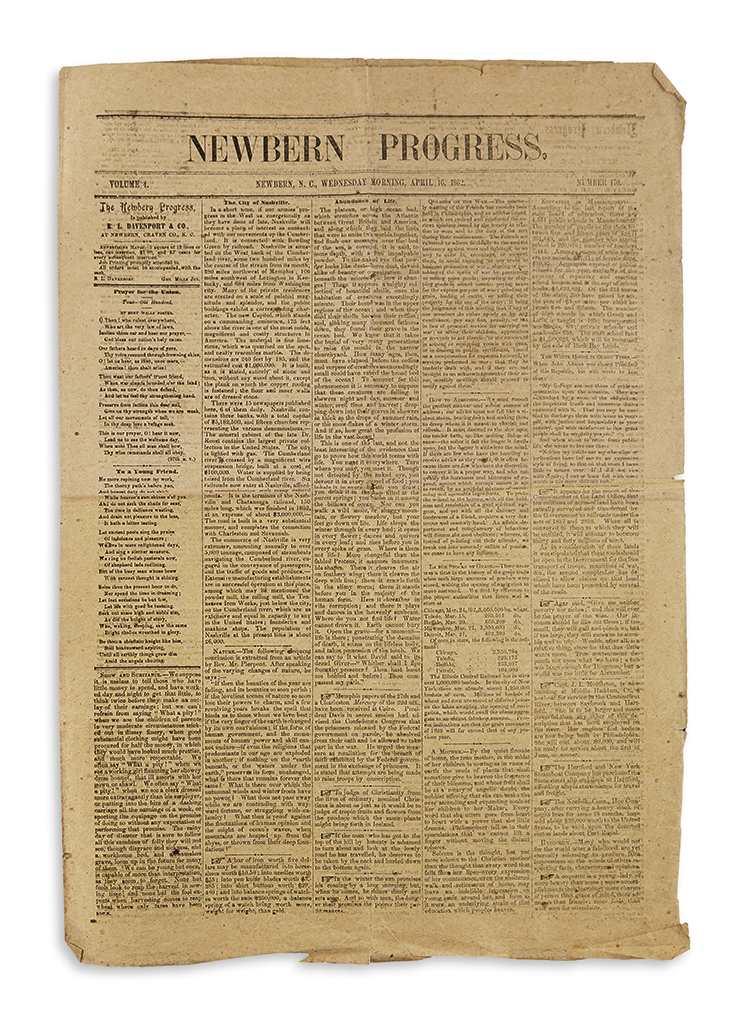 Appraisal: CIVIL WAR--NORTH CAROLINA Issue of the Newbern Progress on necessity