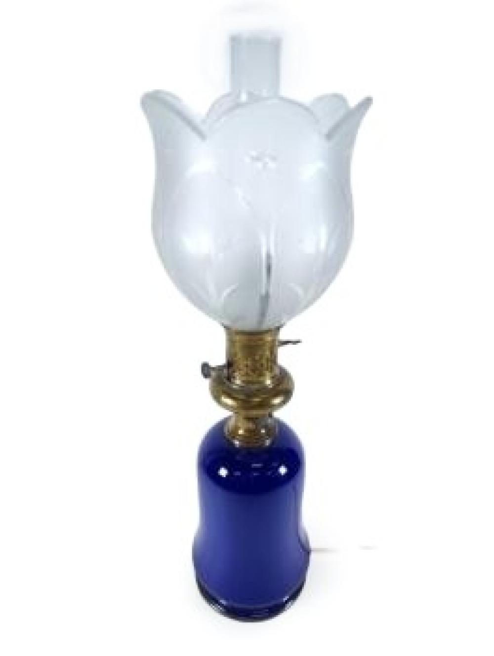 Appraisal: VICTORIAN BANQUET LAMP COBALT AND ETCHED TULIP GLASS SHADE CONVERTED