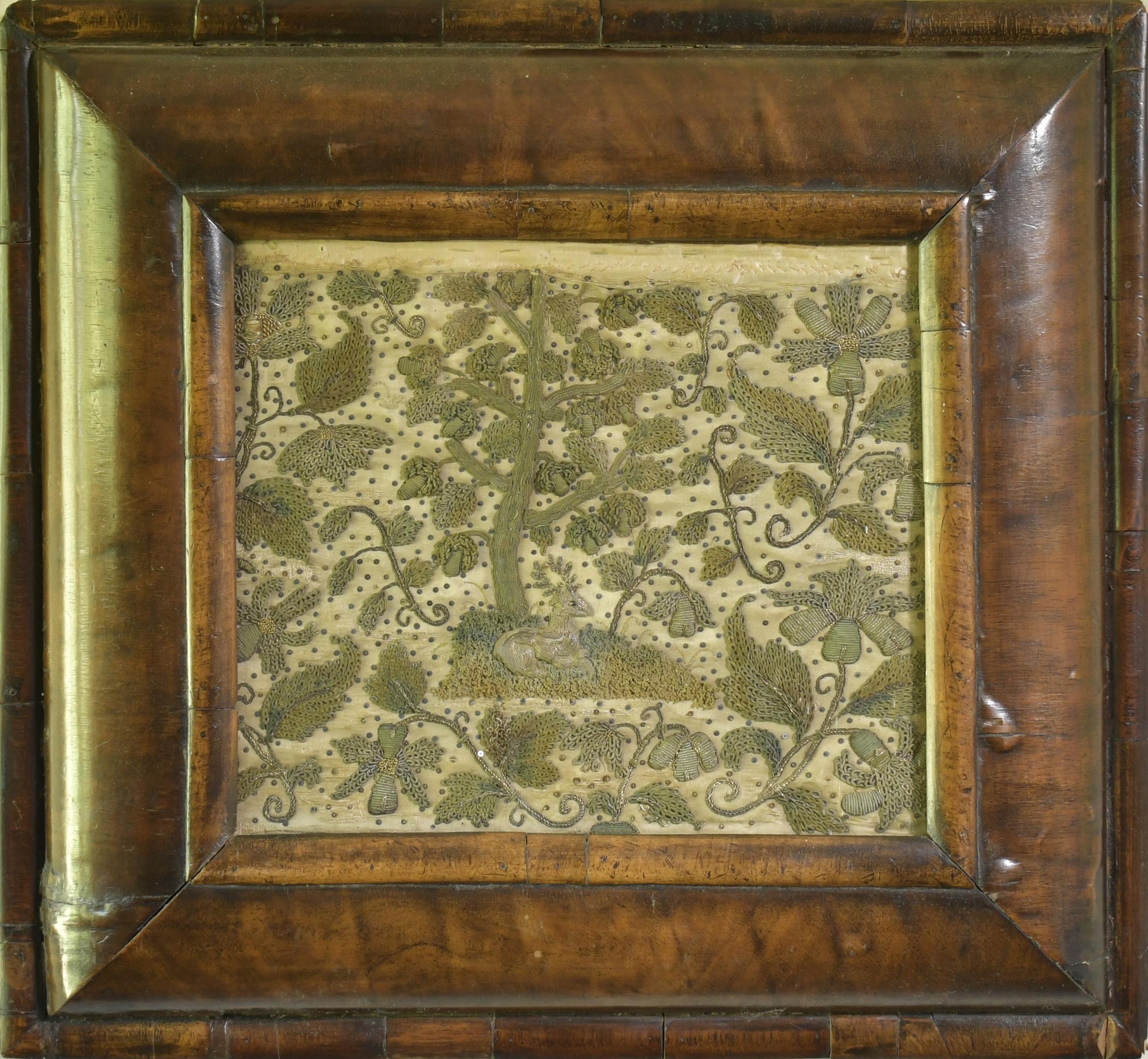 Appraisal: EARLY ENGLISH FRAMED NEEDLEWORK Ca crewel work on silk with