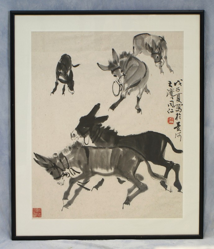 Appraisal: Asian Black and White Painting depicting donkeys seal to lower