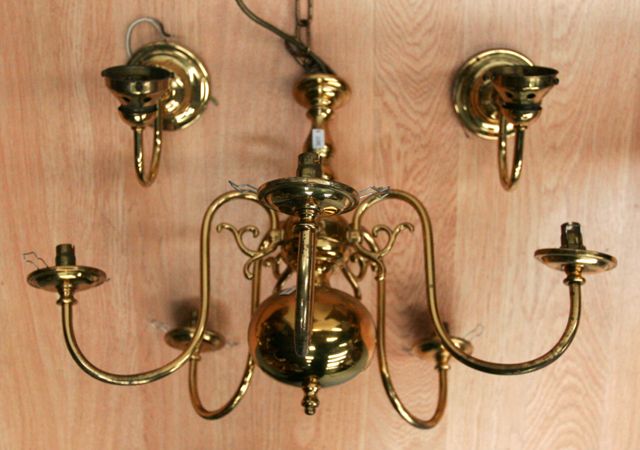 Appraisal: A five branch brass chandelier together with a pair of