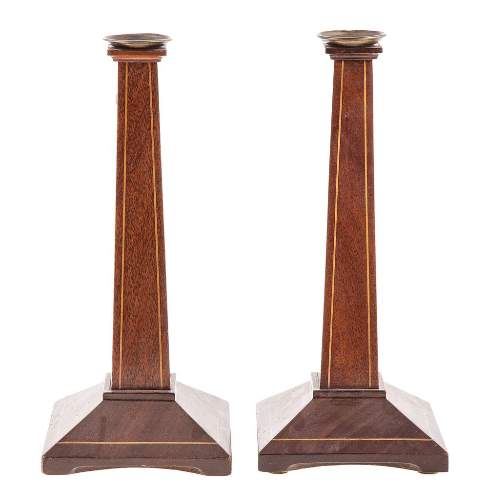 Appraisal: Pair Arts Crafts Inlaid Mahogany Candlesticks Circa s reportedly Potthast