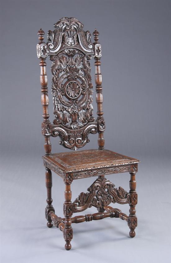 Appraisal: JACOBEAN STYLE CARVED SIDE CHAIR th century beechwood Scrolling-foliate crest