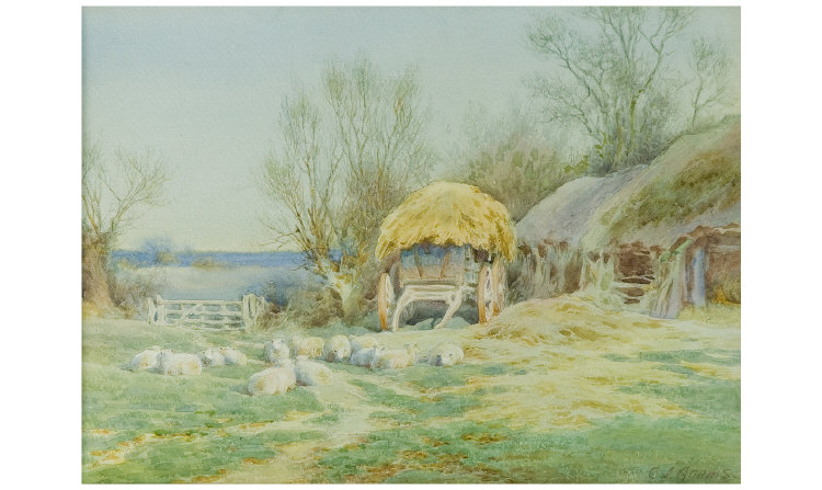 Appraisal: Charles James Adams - Sheep Grazing Near a Haystack Watercolour