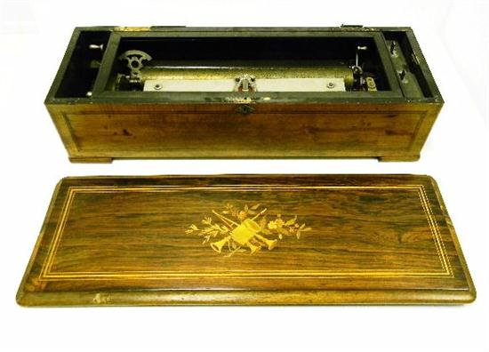 Appraisal: MUSIC BOX '' cylinder rosewood case decorated with central inlaid