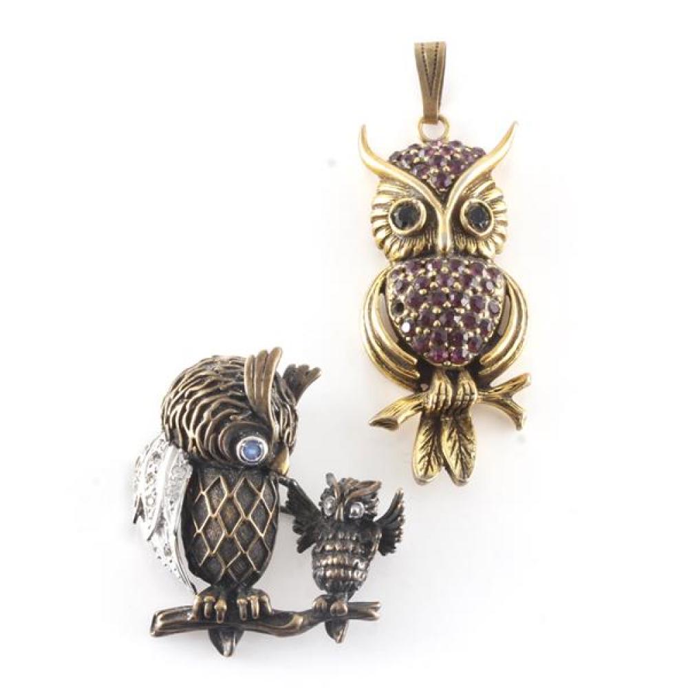 Appraisal: UNSIGNED DOUBLE OWL PERCHED ON BRANCH PIN WITH DIAMANTE RHINESTONE