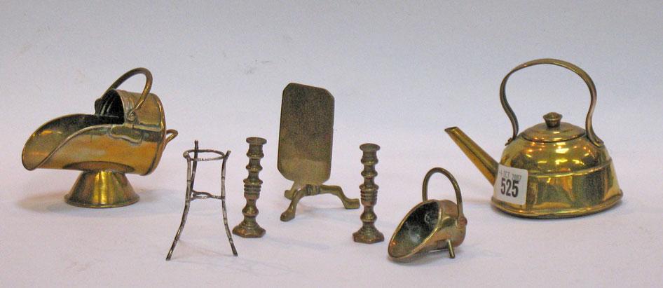 Appraisal: A PAIR OF MINIATURE BRASS CANDLESTICKS and other brass miniature