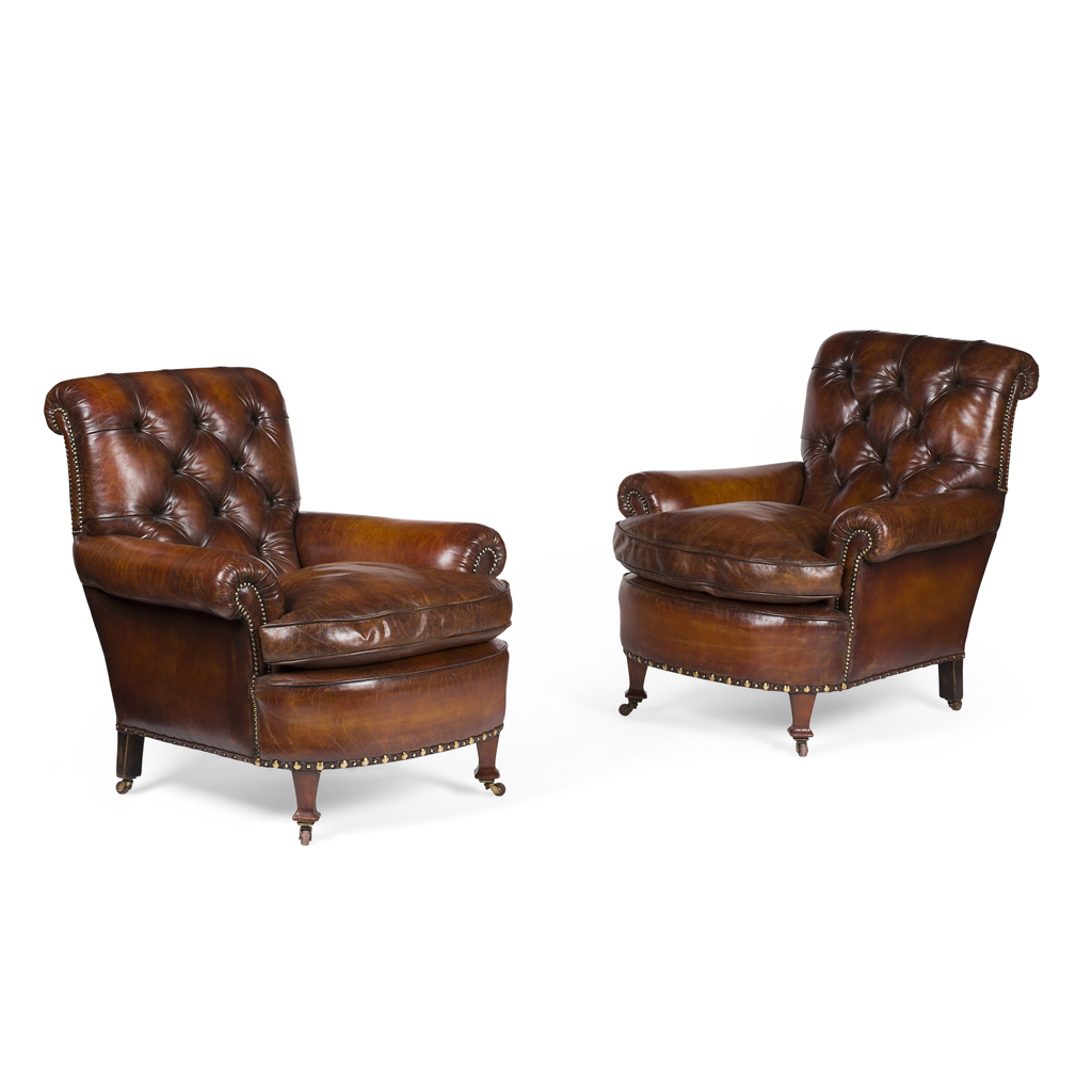 Appraisal: PAIR OF EDWARDIAN LEATHER UPHOLSTERED CLUB ARMCHAIRS EARLY TH CENTURY