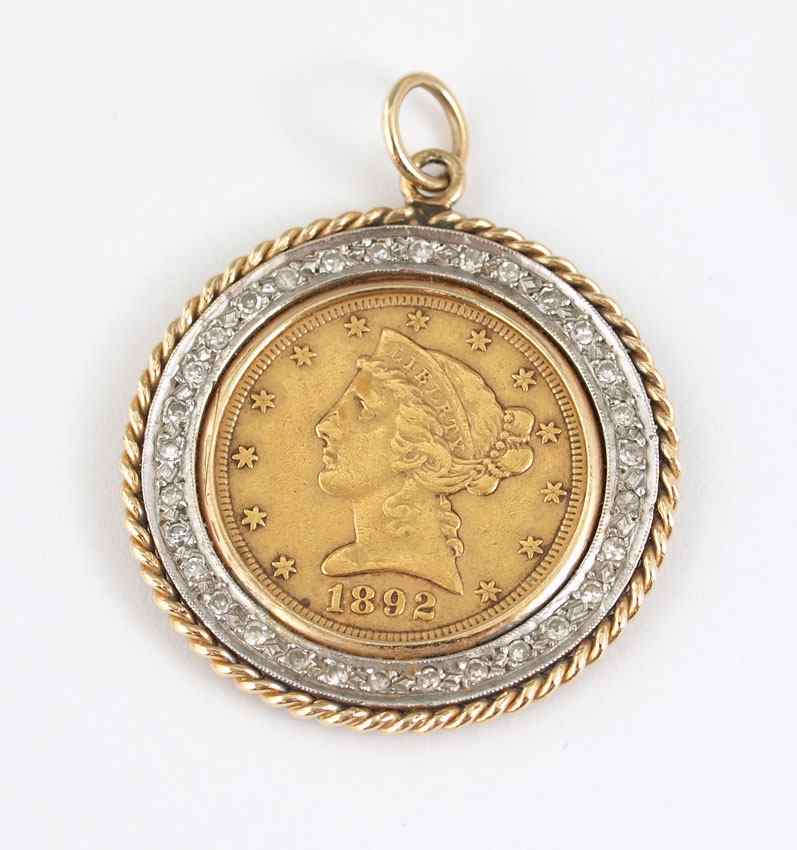 Appraisal: US GOLD FIVE DOLLAR COIN PENDANT Coin mounted in a