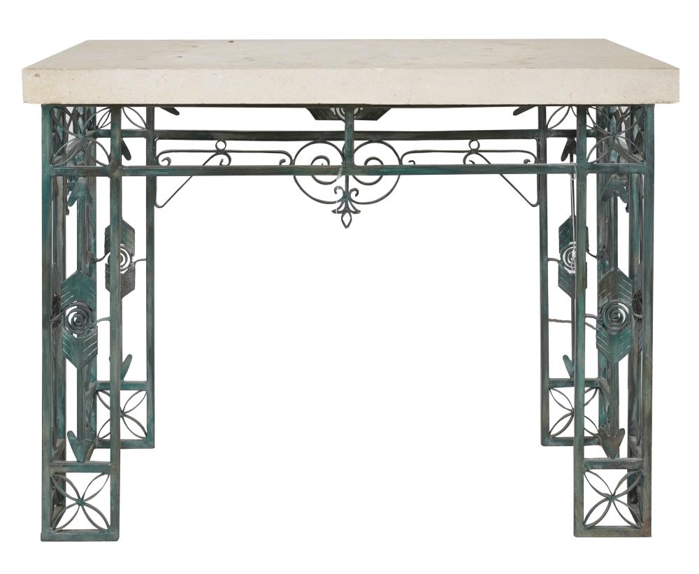 Appraisal: CONTEMPORARY CONSOLE TABLEcast stone and metal with dark green finish