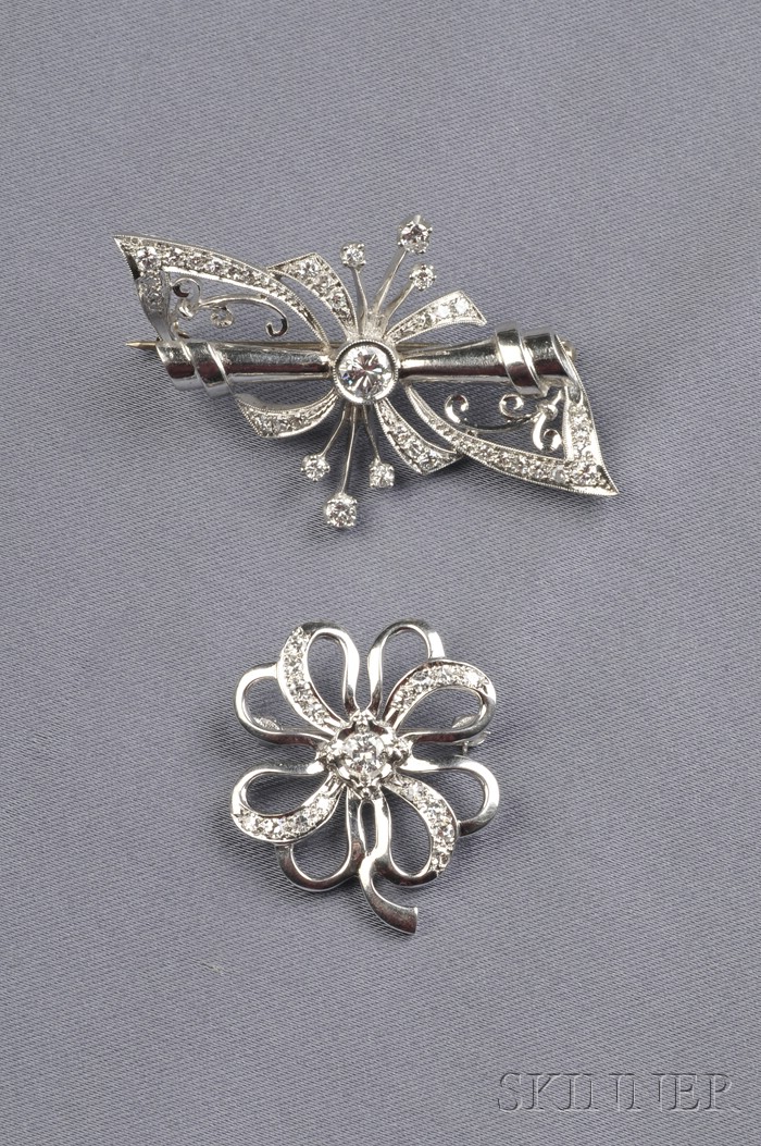 Appraisal: Two Platinum and Diamond Brooches one set with a transitional-cut